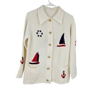 Vintage 70s Nautical Cardigan Sweater White Handmade Sailor Navy Preppy Size M